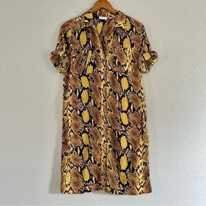🦋 New York and Company Yellow Snake Skin Button Down Shirt Mini Dress Medium